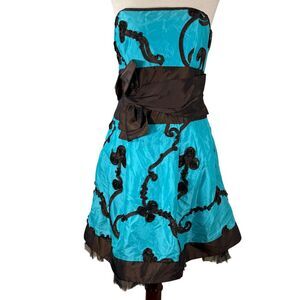 Juno Strapless Cocktail Dress Embroidered Swirls & Bow Teal & Brown Size M